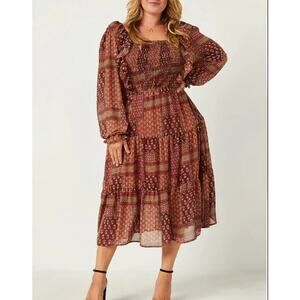 NWT Hayden Sz 2XL Patchwork Printed Ruffle Midi Dress Plus Size Smocked